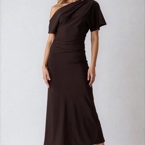 Brown Satin One-Shoulder Fitted Midi Dress | Elegant Evening Style | NOIR21